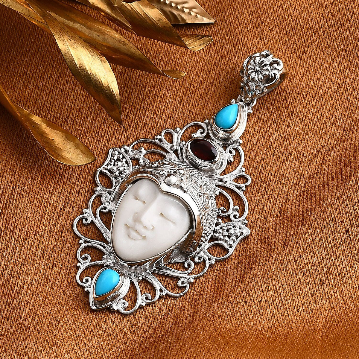 Royal Bali Collection - Ox Bone, Red Garnet &amp; Sleeping Beauty Turquoise Pendant in Sterling Silver 7.43 Ct, Silver wt. 9.30 Gms. 8055629 1