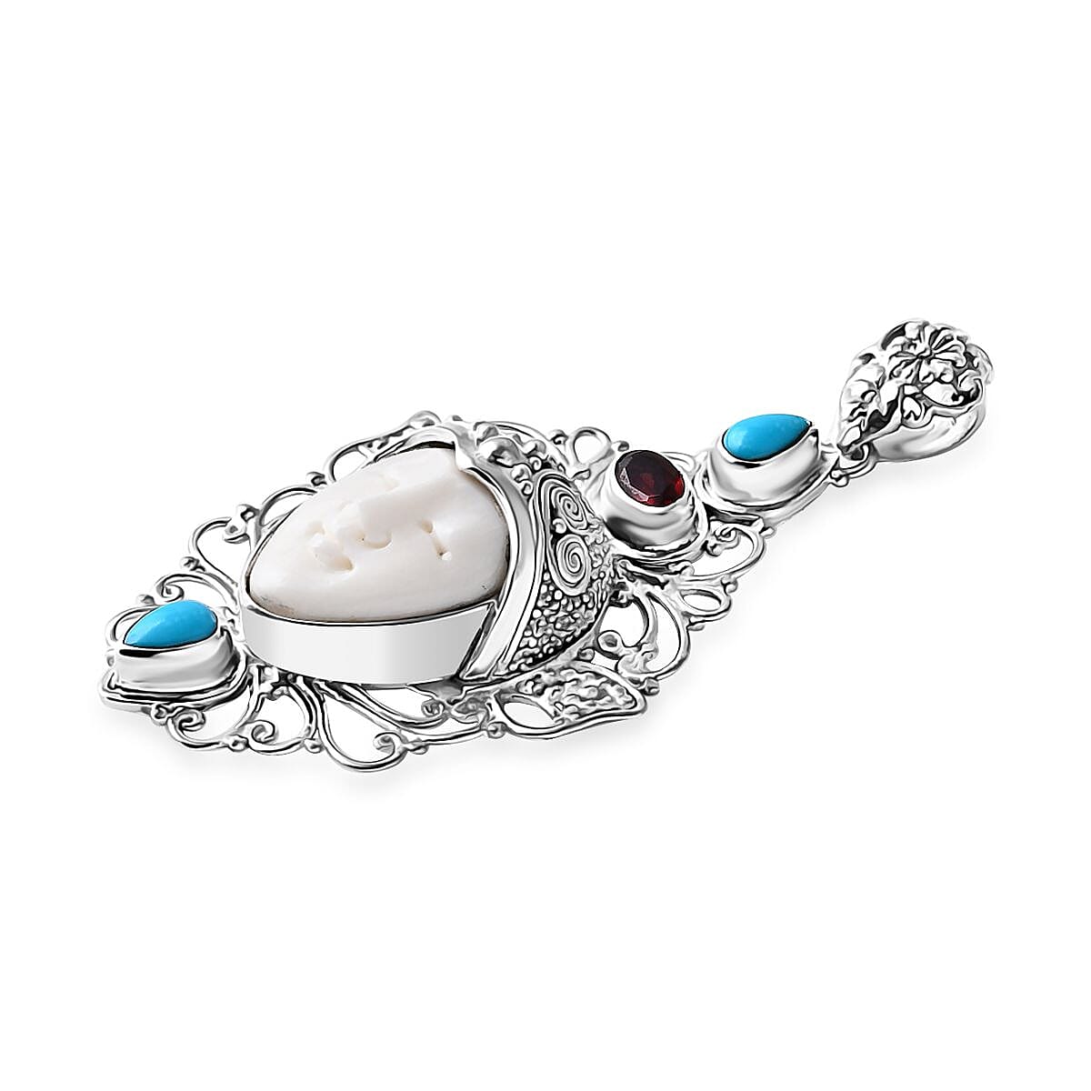 Royal Bali Collection - Ox Bone, Red Garnet &amp; Sleeping Beauty Turquoise Pendant in Sterling Silver 7.43 Ct, Silver wt. 9.30 Gms. 8055629 3