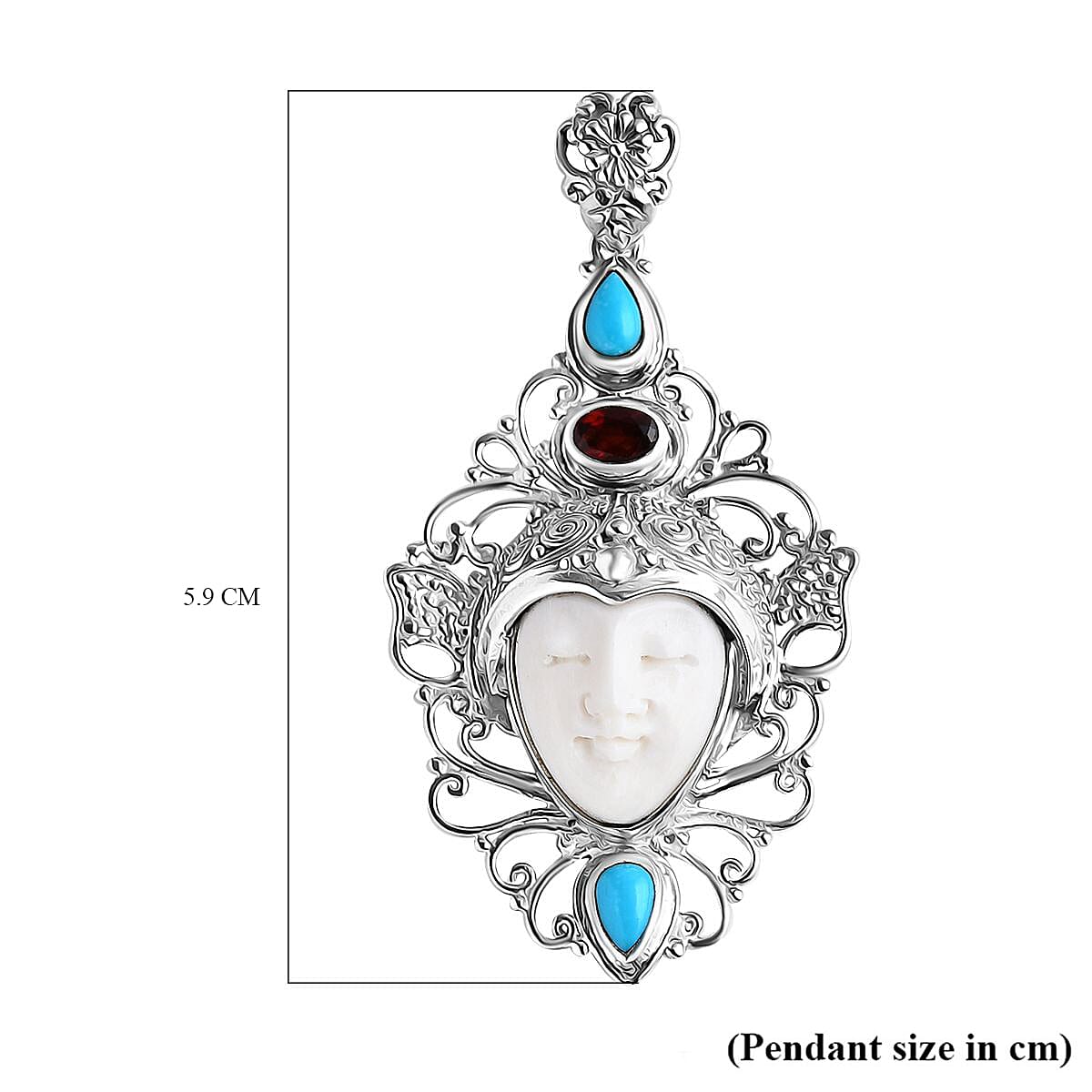 Royal Bali Collection - Ox Bone, Red Garnet &amp; Sleeping Beauty Turquoise Pendant in Sterling Silver 7.43 Ct, Silver wt. 9.30 Gms. 8055629 5