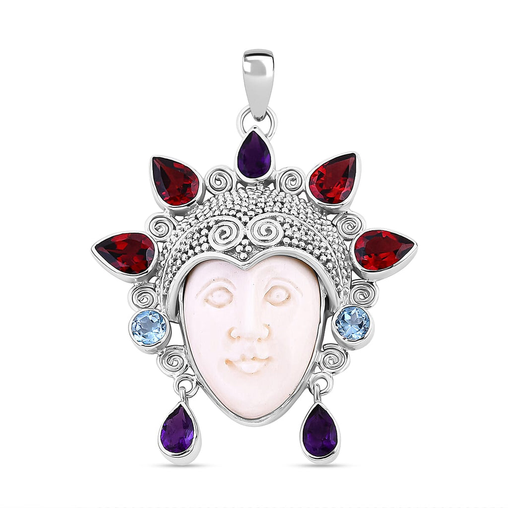 Royal Bali Princess Collection  Ox Bone & Multi Gemstone  Pendant in Sterling Silver