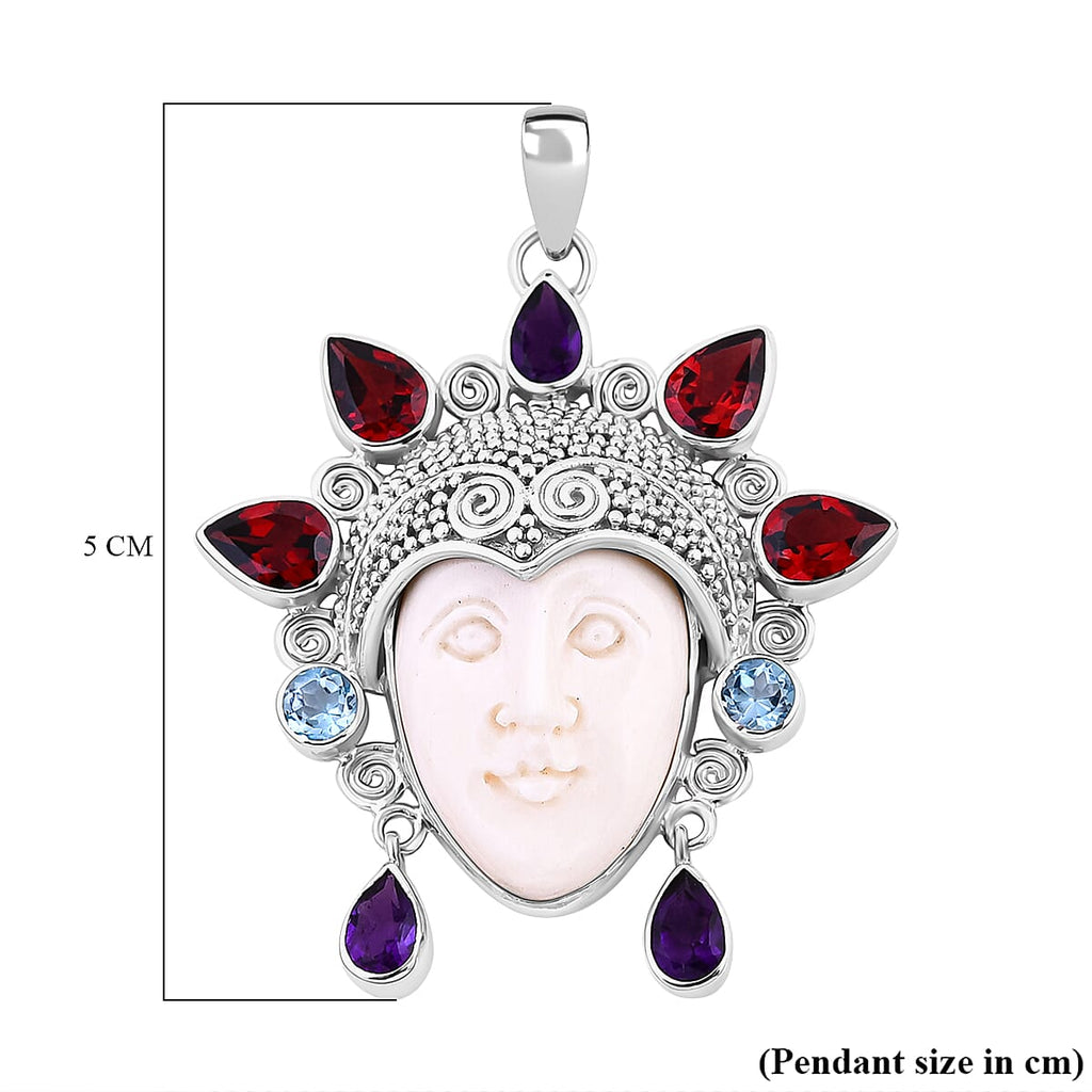 Royal Bali Princess Collection  Ox Bone & Multi Gemstone  Pendant in Sterling Silver