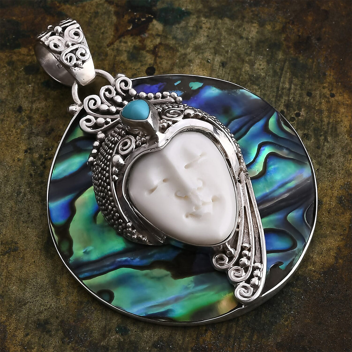 Royal Bali Collection Ox Bone, Sleeping Beauty Turquoise and Abalone Shell Pendant in Sterling Silver 20.81 Ct. 8234031 1