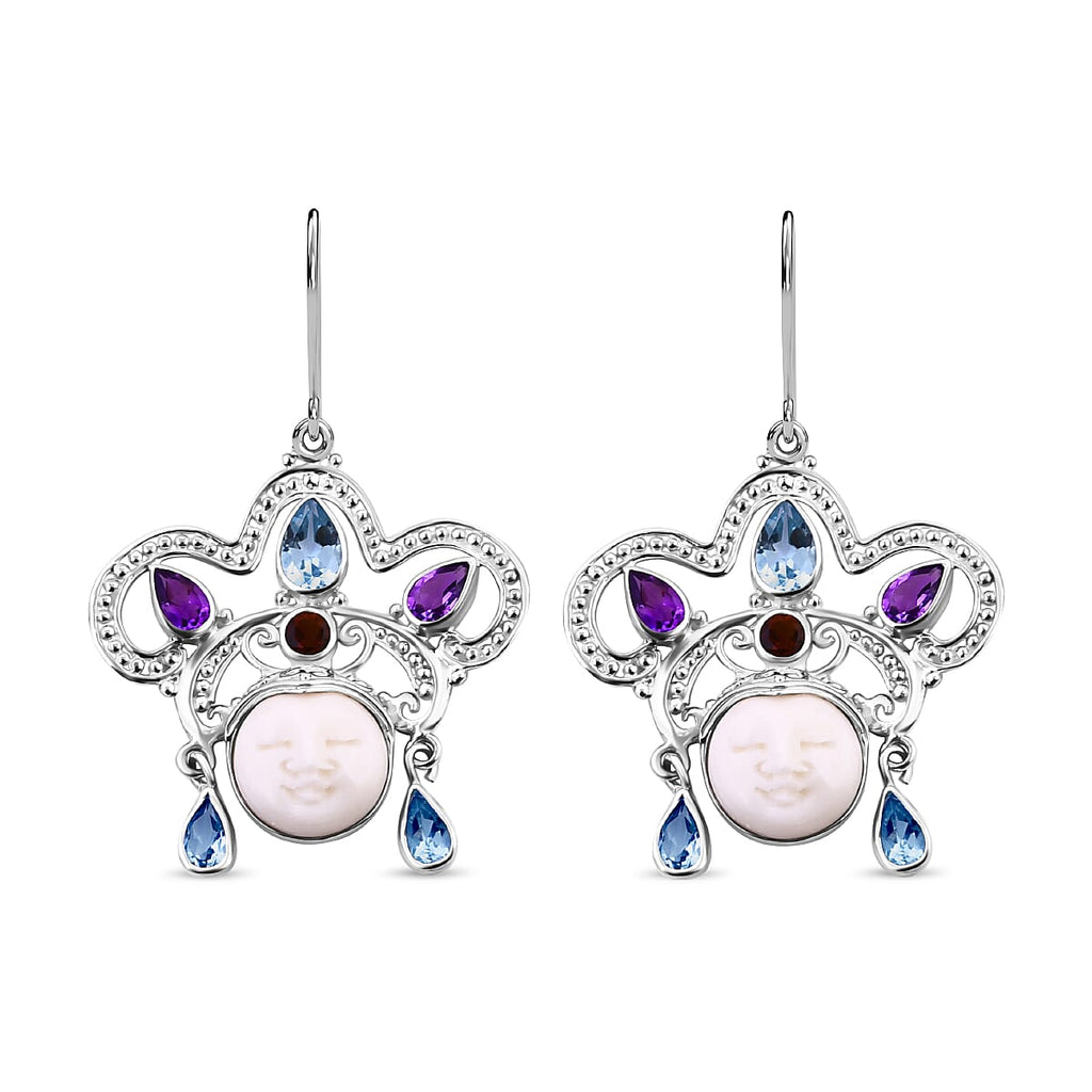 Royal Bali Princess Collection  Ox Bone & Multi Gemstone  Earrings  in Sterling Silver