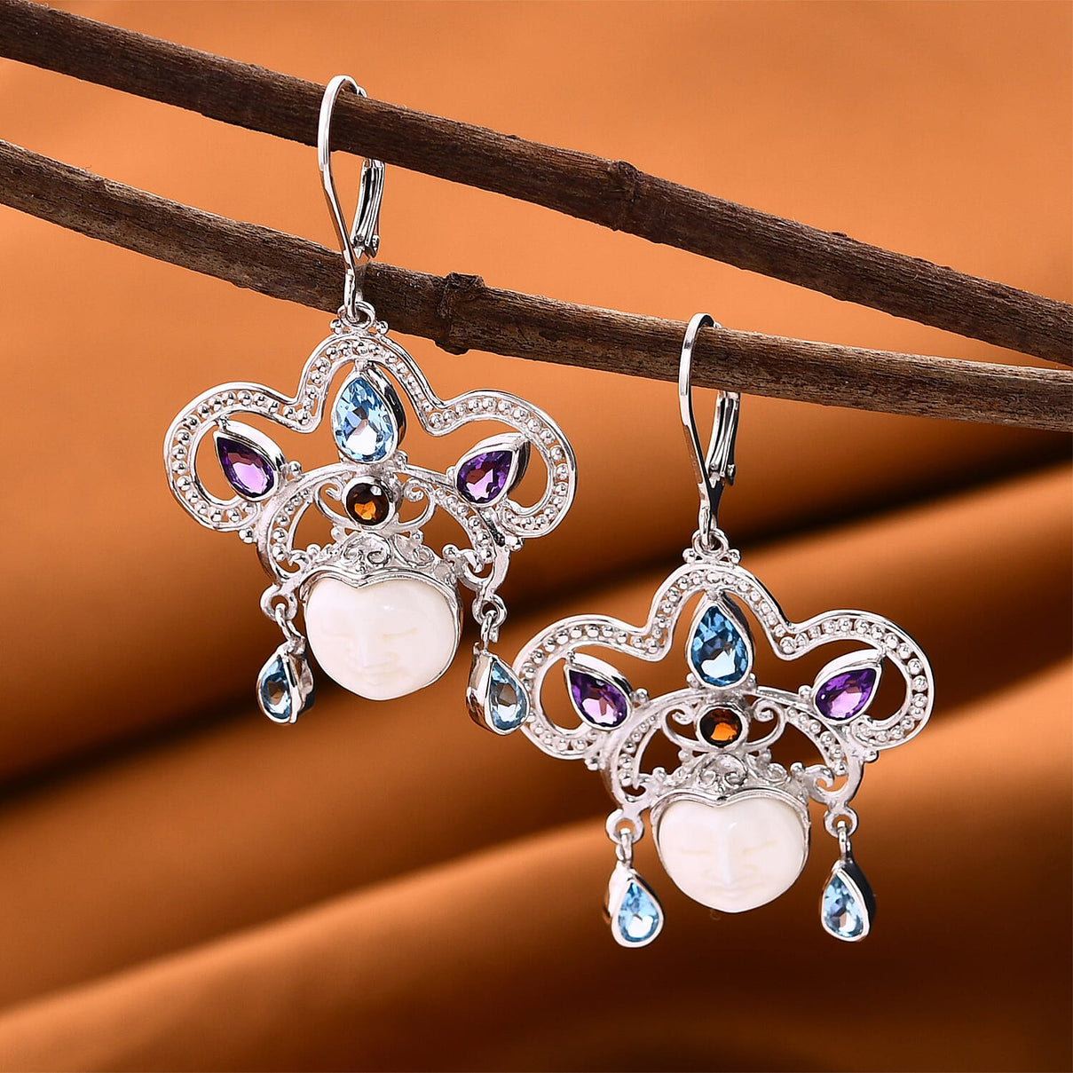 Royal Bali Princess Collection - Ox Bone and Multi Gemstone Earrings in Sterling Silver 7750294 2
