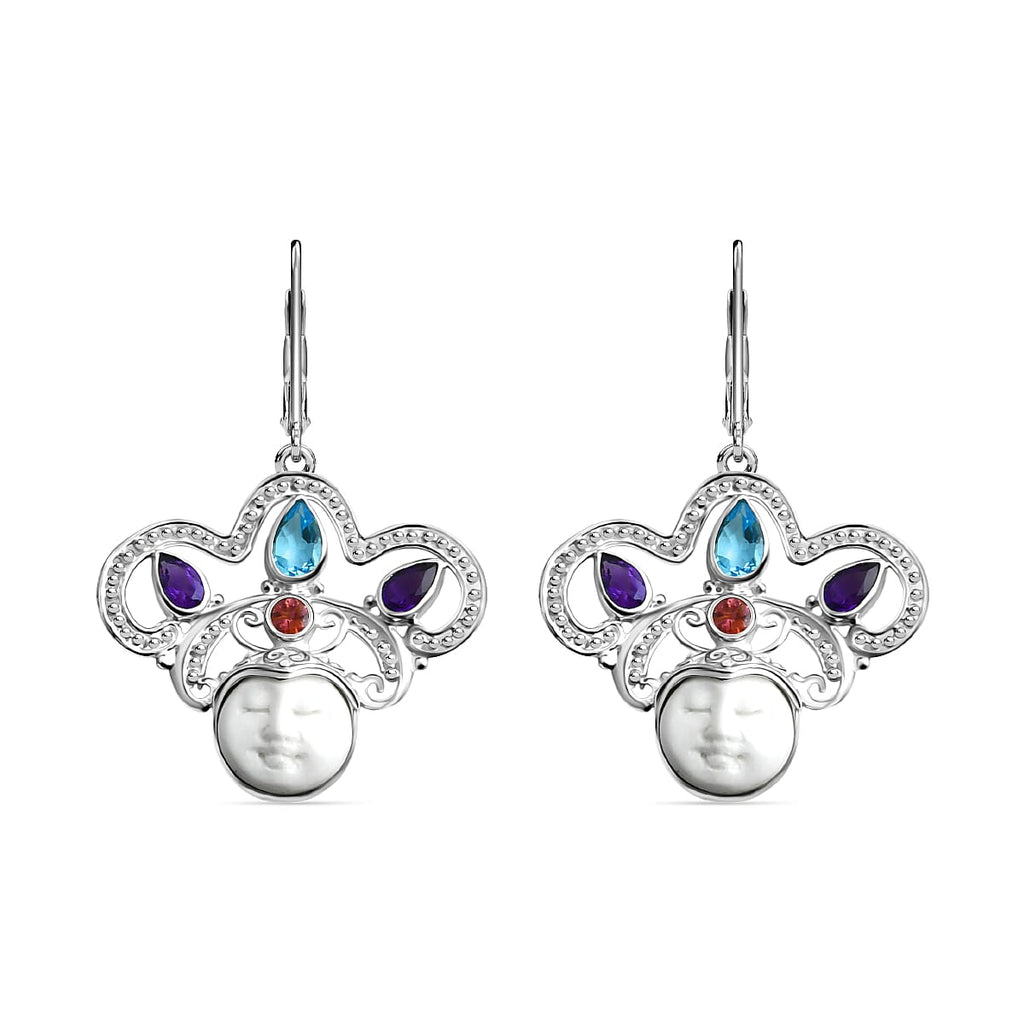 Royal Bali Collection Ox Bone, Swiss Blue Topaz, African Amethyst & Multi-Tourmaline Earring with Lever Clasp Sterling Silver 6.08 Ct, Silver Wt. 5.11 Gms.