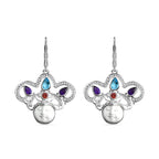 Royal Bali Collection Ox Bone, Swiss Blue Topaz, African Amethyst & Multi-Tourmaline Earring with Lever Clasp Sterling Silver 6.08 Ct, Silver Wt. 5.11 Gms.