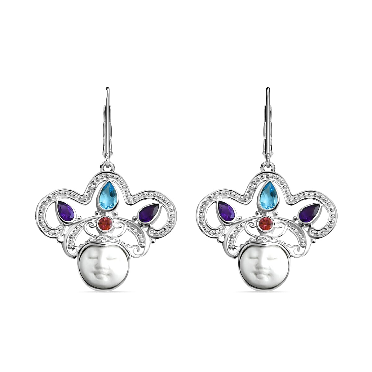 Royal Bali Collection Ox Bone, Swiss Blue Topaz, African Amethyst &amp; Multi-Tourmaline Earring with Lever Clasp Sterling Silver 6.08 Ct, Silver Wt. 5.11 Gms. V32639579 0