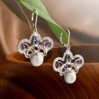 Royal Bali Collection Ox Bone, Swiss Blue Topaz, African Amethyst & Multi-Tourmaline Earring with Lever Clasp Sterling Silver 6.08 Ct, Silver Wt. 5.11 Gms.
