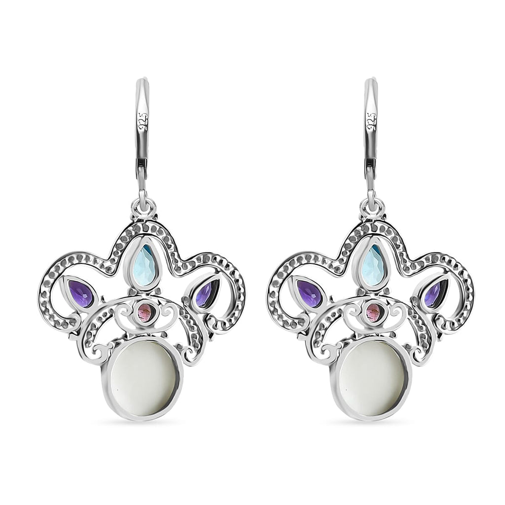 Royal Bali Collection Ox Bone, Swiss Blue Topaz, African Amethyst & Multi-Tourmaline Earring with Lever Clasp Sterling Silver 6.08 Ct, Silver Wt. 5.11 Gms.