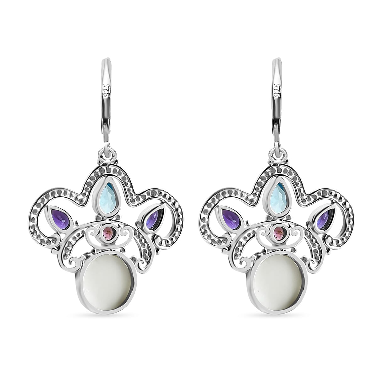 Royal Bali Collection Ox Bone, Swiss Blue Topaz, African Amethyst &amp; Multi-Tourmaline Earring with Lever Clasp Sterling Silver 6.08 Ct, Silver Wt. 5.11 Gms. V32639579 3