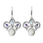 Royal Bali Collection Ox Bone, Swiss Blue Topaz, African Amethyst & Multi-Tourmaline Earring with Lever Clasp Sterling Silver 6.08 Ct, Silver Wt. 5.11 Gms.
