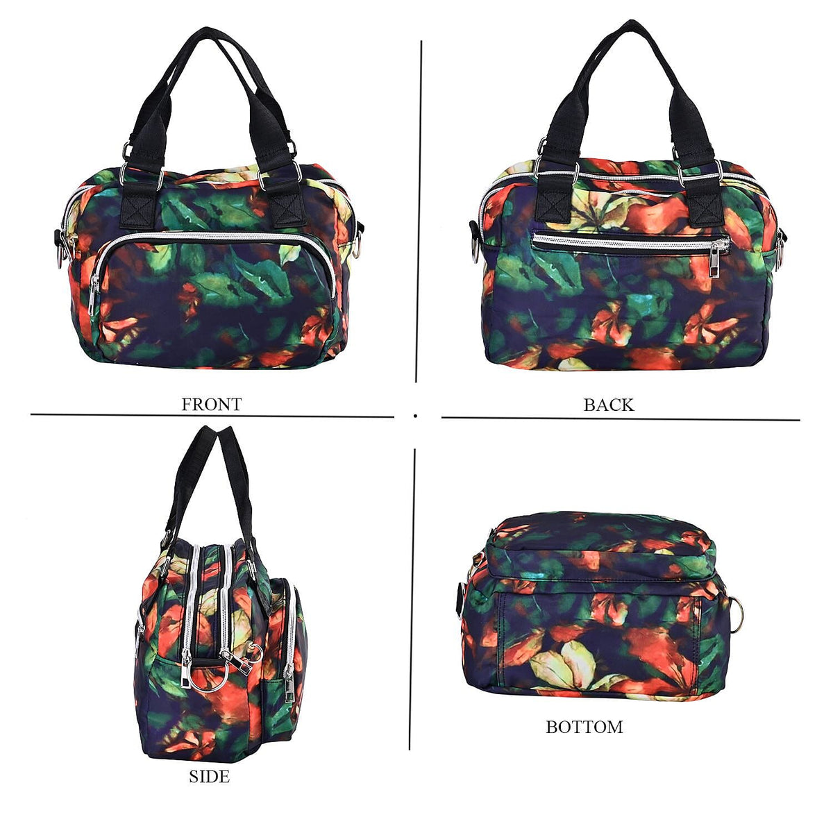Oxford Leaf Pattern Crossbody Bag With Exterior 3 Zipped Pockets - Black &amp; Multi 7519151 4