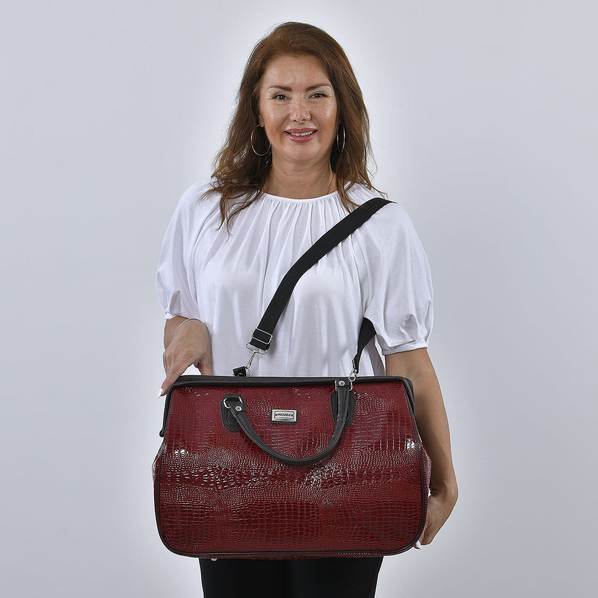 PASSAGE Crocodile Pattern Travel Bag with Handle Drop and Shoulder Strap - Burgundy 7820684 1