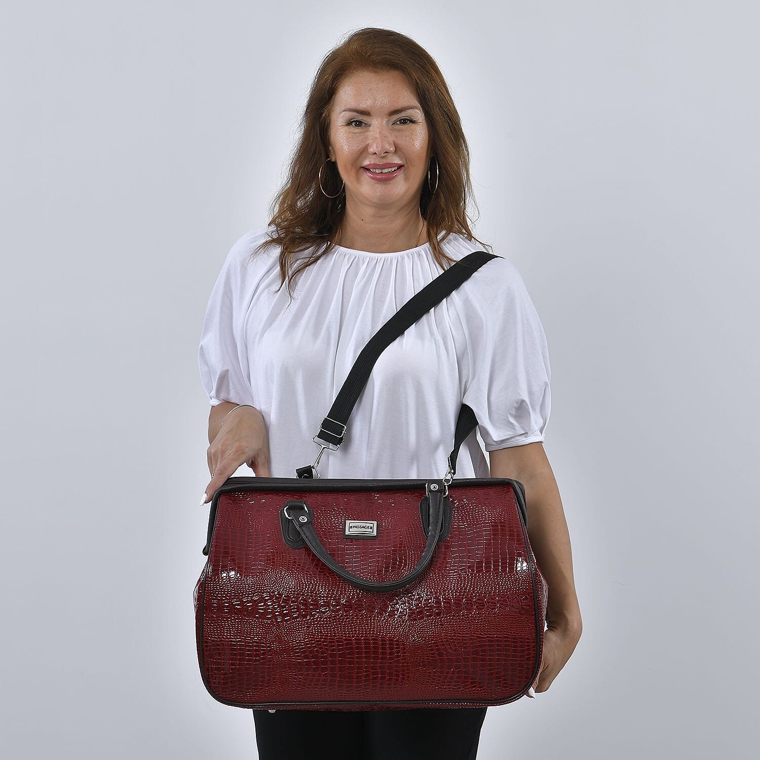 PASSAGE Crocodile Pattern Travel Bag with Handle Drop and Shoulder Strap - Burgundy 7820684 1