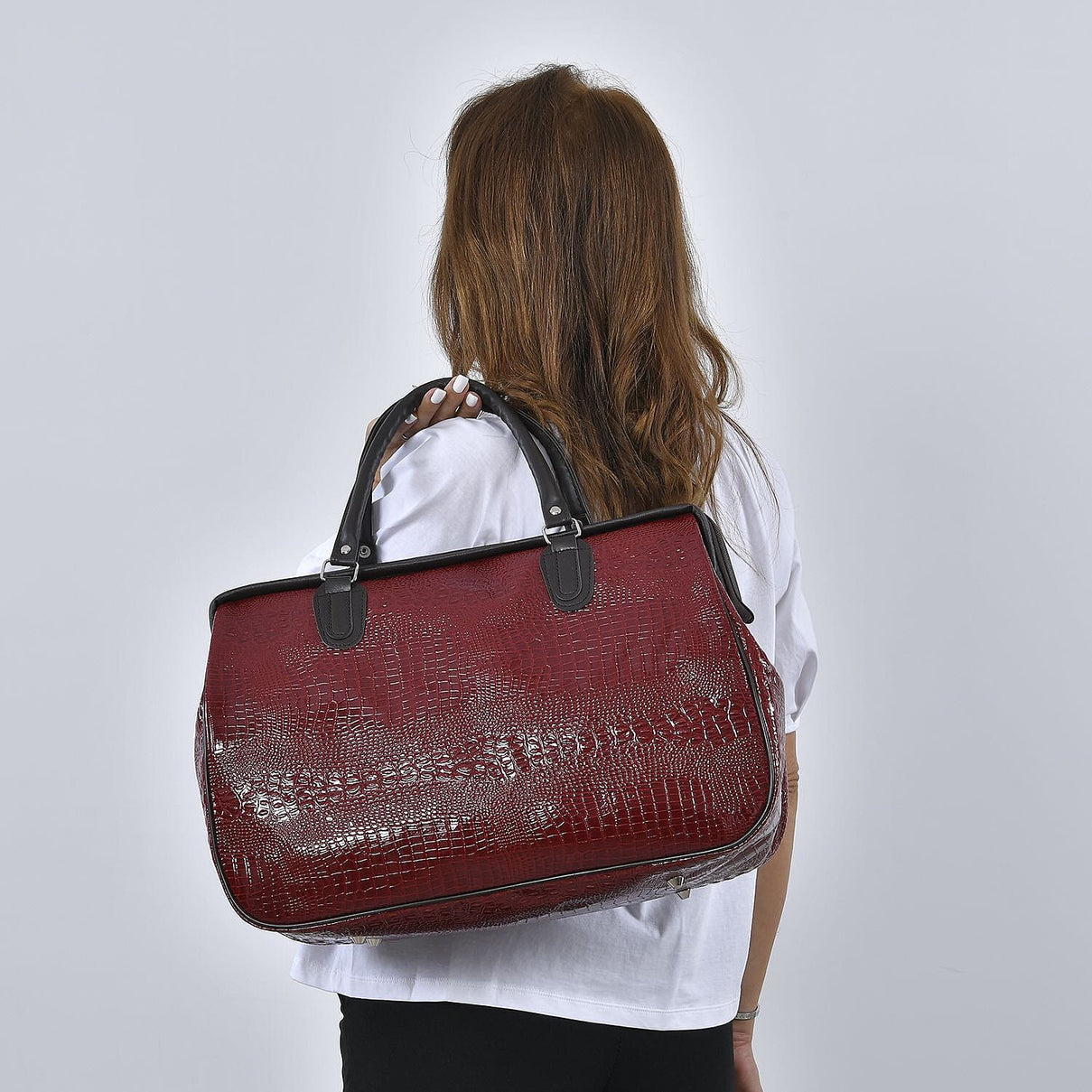 PASSAGE Crocodile Pattern Travel Bag with Handle Drop and Shoulder Strap - Burgundy 7820684 2