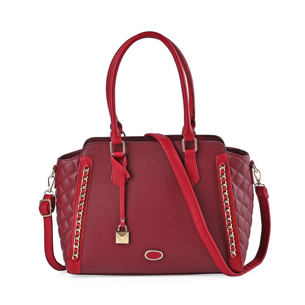 Quilted Checker Pattern Leatherette Crossbody Bag With Metal Chain Decoration - Burgundy &amp; Red 7664454 0