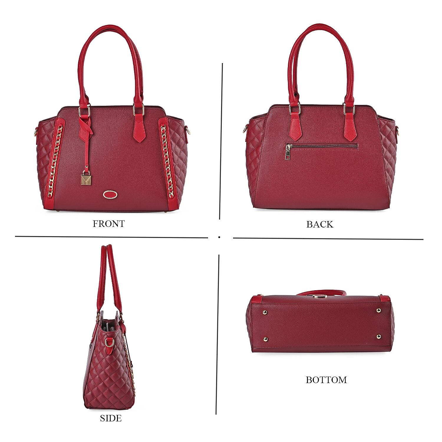 Quilted Checker Pattern Leatherette Crossbody Bag With Metal Chain Decoration - Burgundy &amp; Red 7664454 4