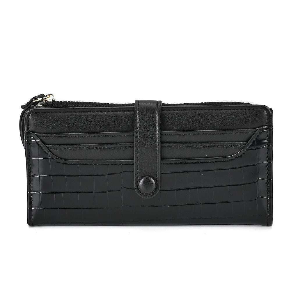 RFID Protected Croco Embossed Leatherette Wallet with Wrist Strap - Black