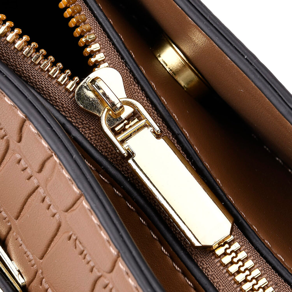 Closeout Deal - Crocodile Embossed Crossbody Bag with Shoulder Strap - Khaki
