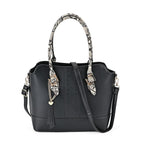 Stylish Leatherette Crossbody Bag With Snakeskin Patterned Handle - Black