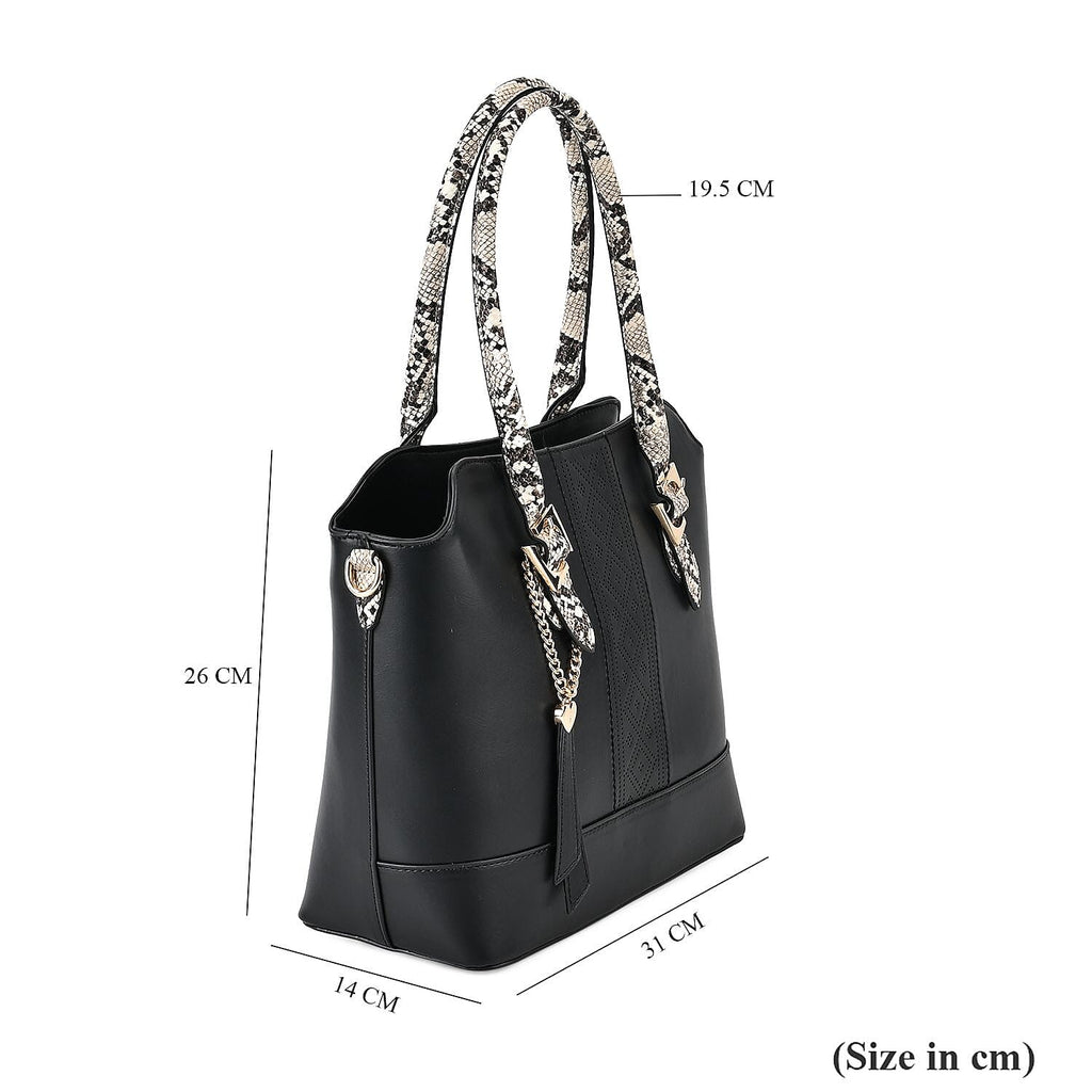 Stylish Leatherette Crossbody Bag With Snakeskin Patterned Handle - Black