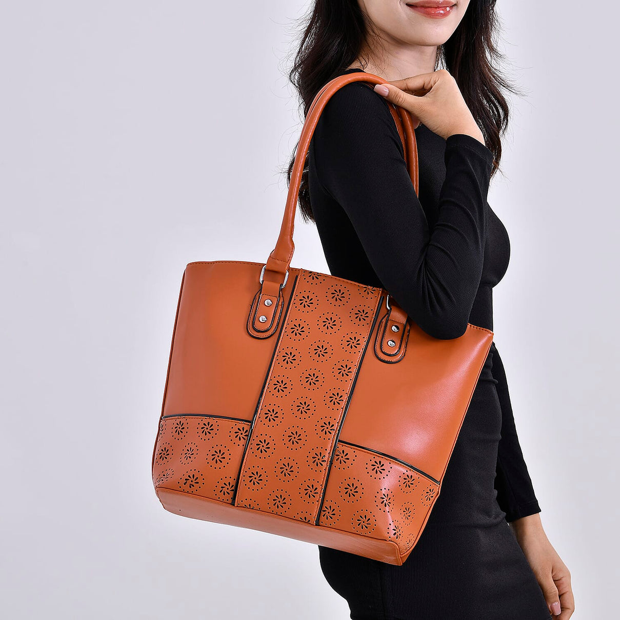 Leatherette Hollow Out Floral Pattern Tote Bag with Handle Drop 7673063 2