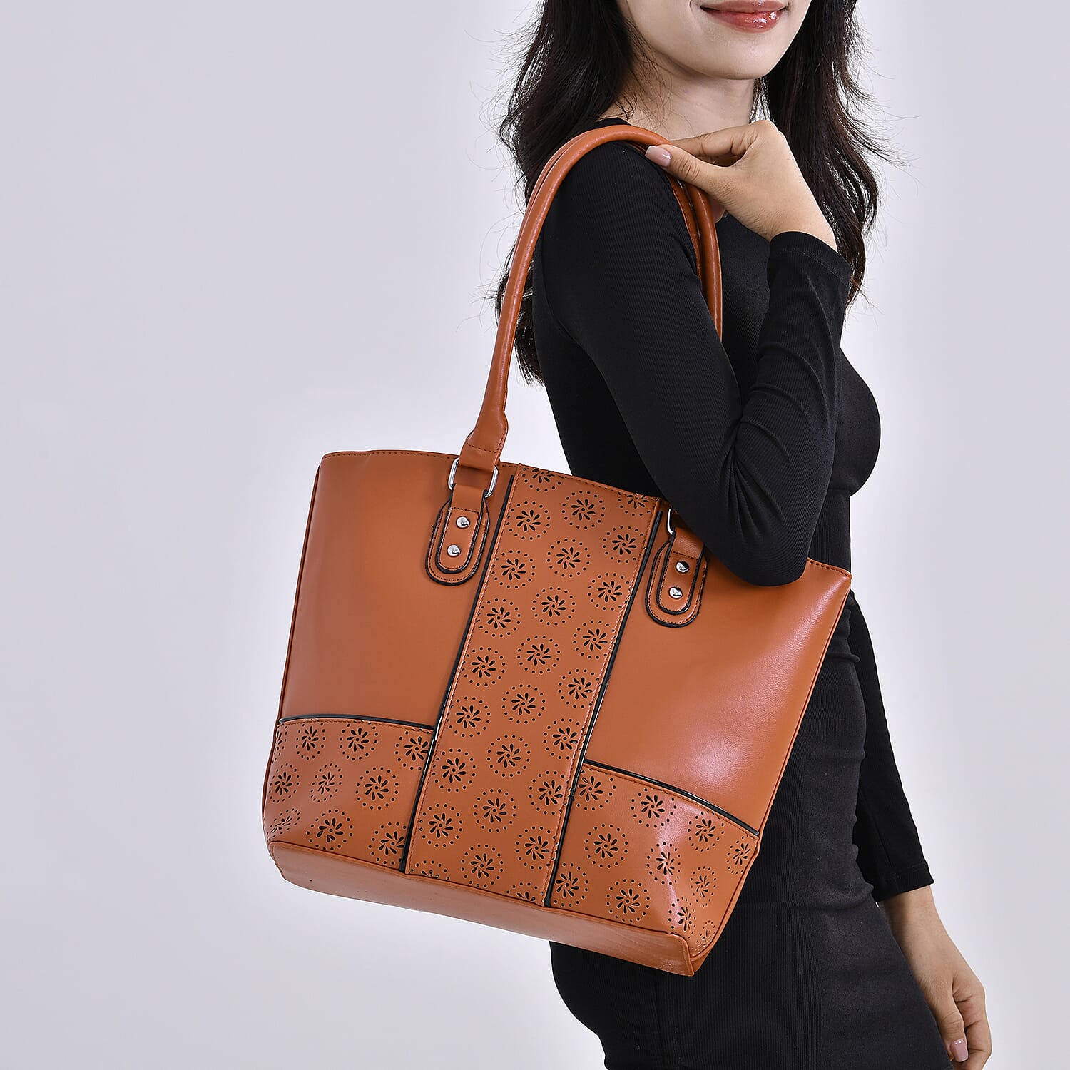 Leatherette Hollow Out Floral Pattern Tote Bag with Handle Drop 7673063 2