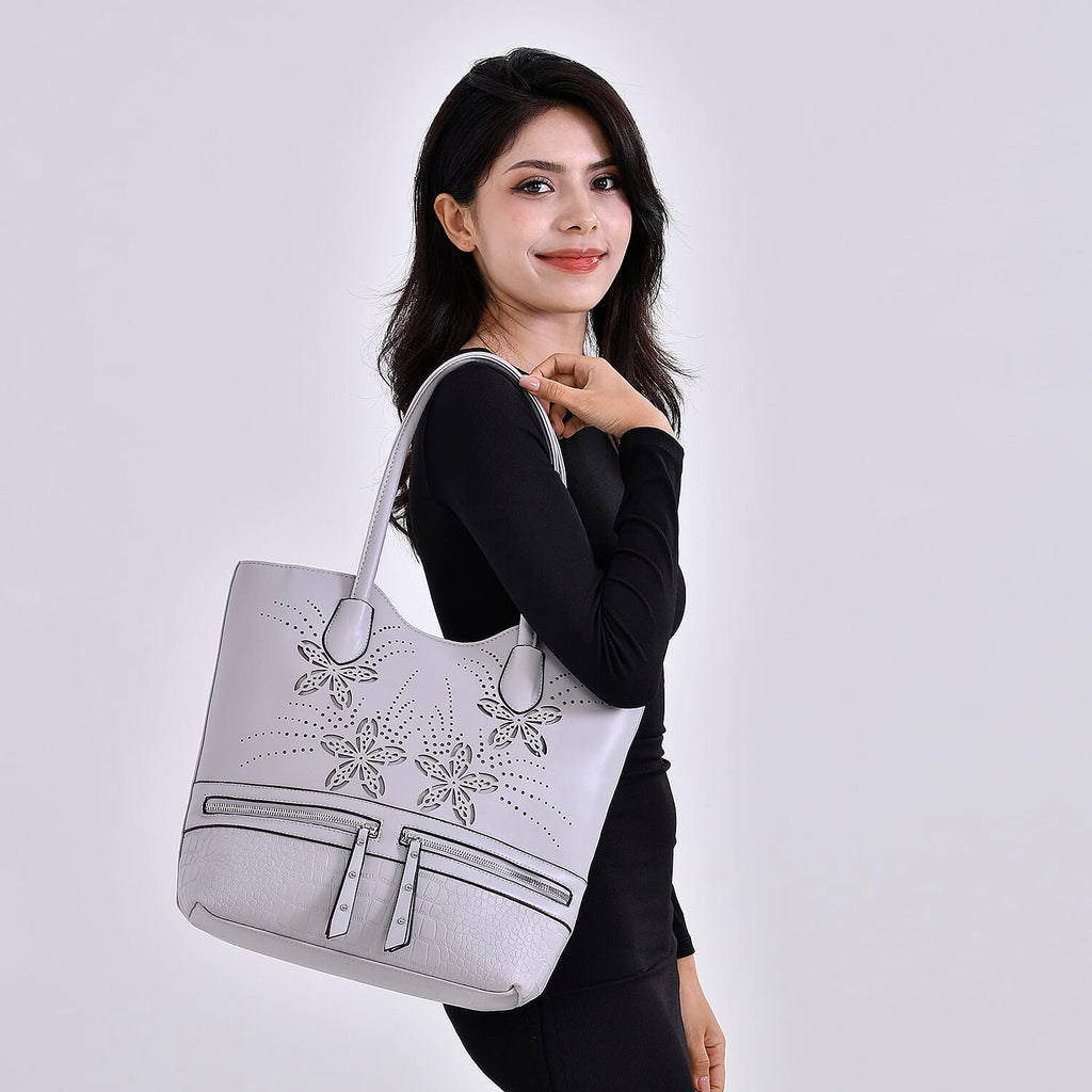 PU Flower Tote Bag (Size 31x13x32 cm) - Grey & Black
