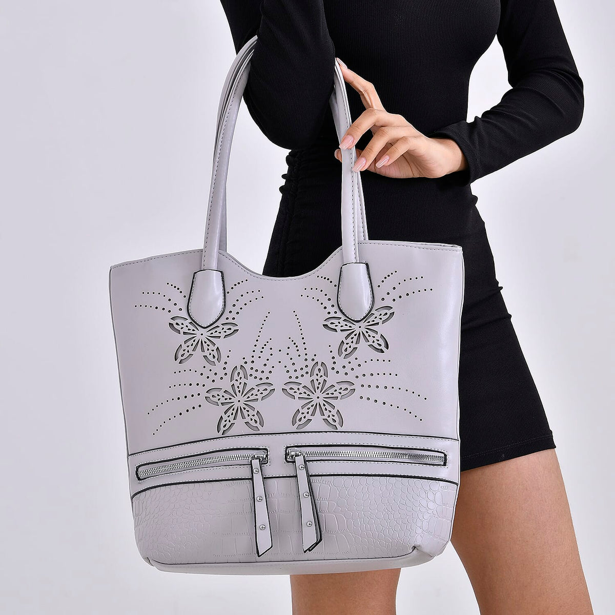 PU Flower Tote Bag (Size 31x13x32 cm) - Grey &amp; Black 7673259 2