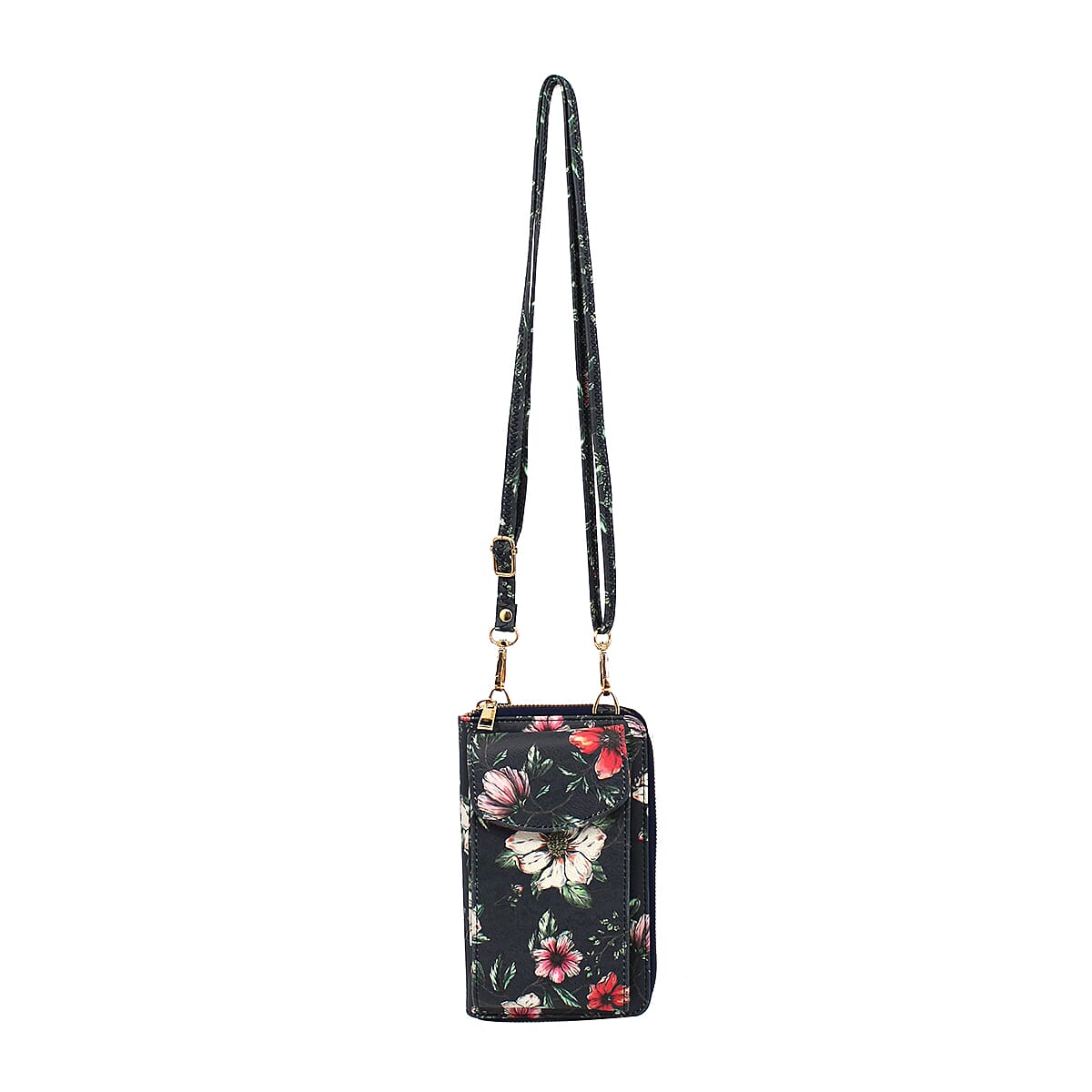 Designer Inspired- Floral Pattern Crossbody Phone Handbag with Shoulder Strap - Navy 7588180 0