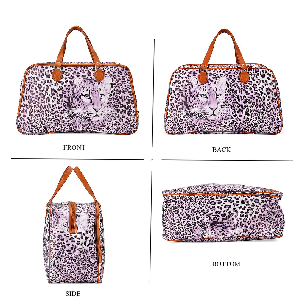 Leatherette Leopard Pattern Travel Bag with Detachable Shoulder Strap Size (55x33x21cm) - Purple - Brown