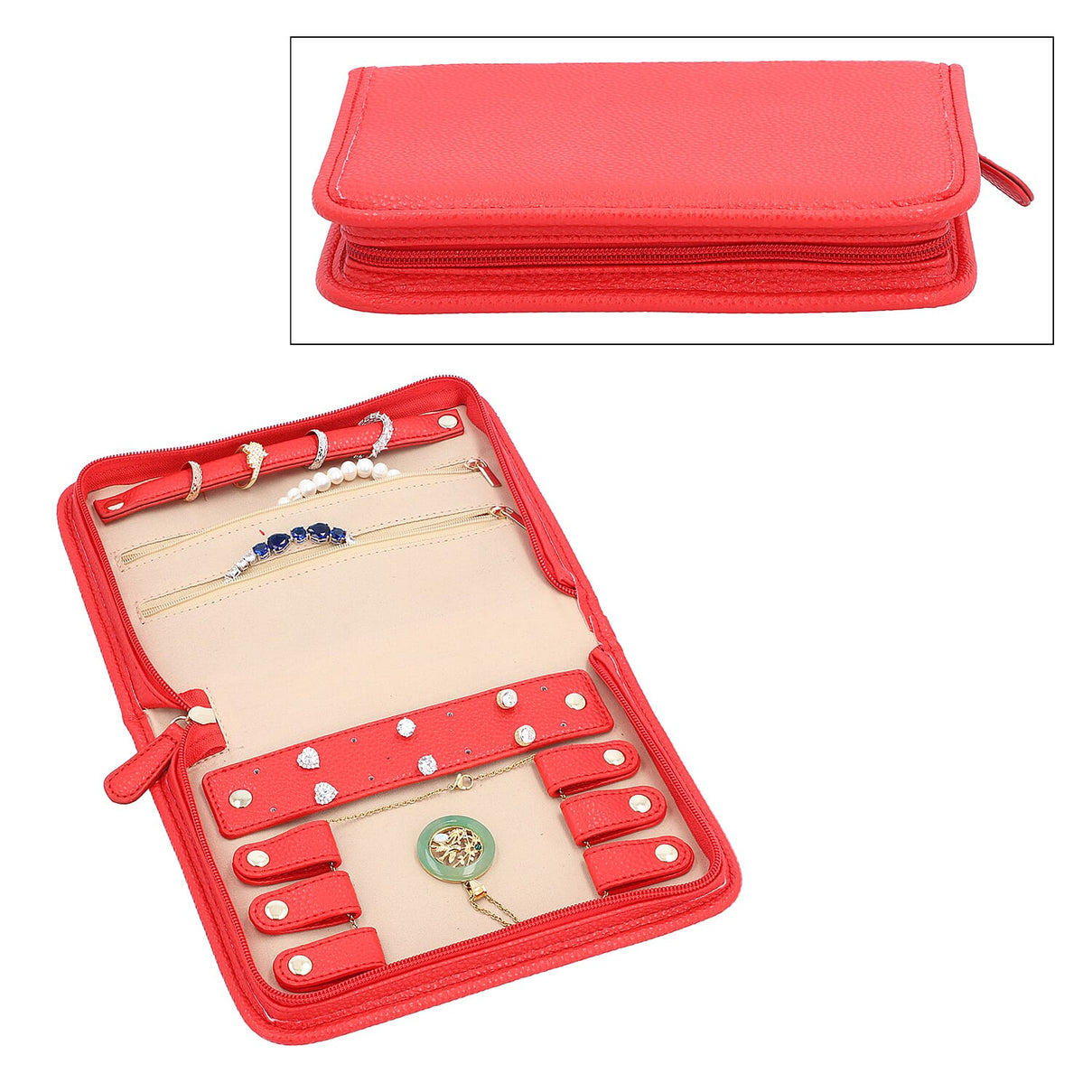 Portable Lichee Pattern Jewellery Organiser (Includes 1 Ring Band, 2 Zip Pockets, 1 Removable Earring Panel &amp; 6 Necklace Clips) (Size 21x15x4cm) - Red 6296577 0
