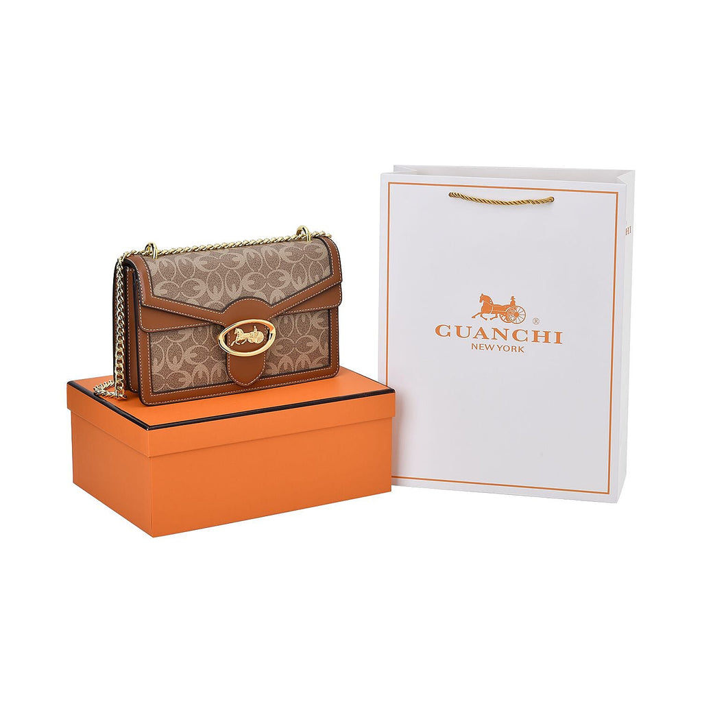 New Designer Launch GUANCHI New York Oval Pattern Crossbody Bag - Brown & Beige