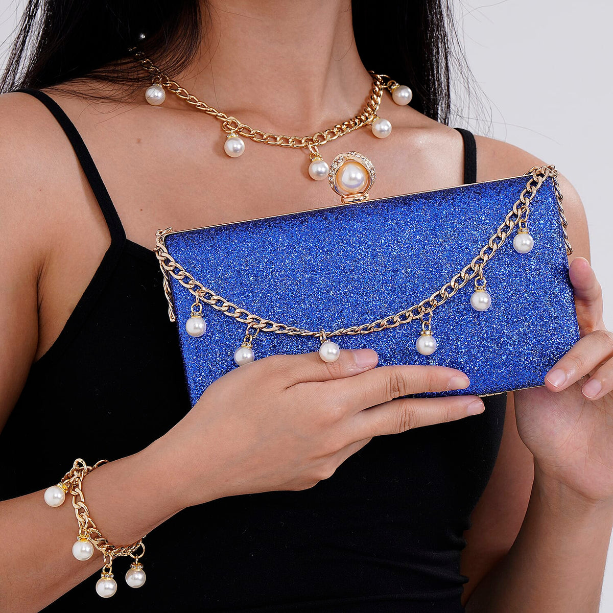 Leatherette Clutch Bag with Necklace &amp; Bracelet (Size 22x12x4 cm) - Navy 7863033 6