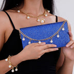 Leatherette Clutch Bag with Necklace & Bracelet (Size 22x12x4 cm) - Navy
