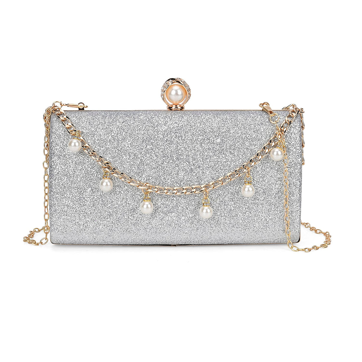 Sequin Clutch Bag with Necklace &amp; Bracelet (Size 22x12x4 cm) - Silver 7863026 9
