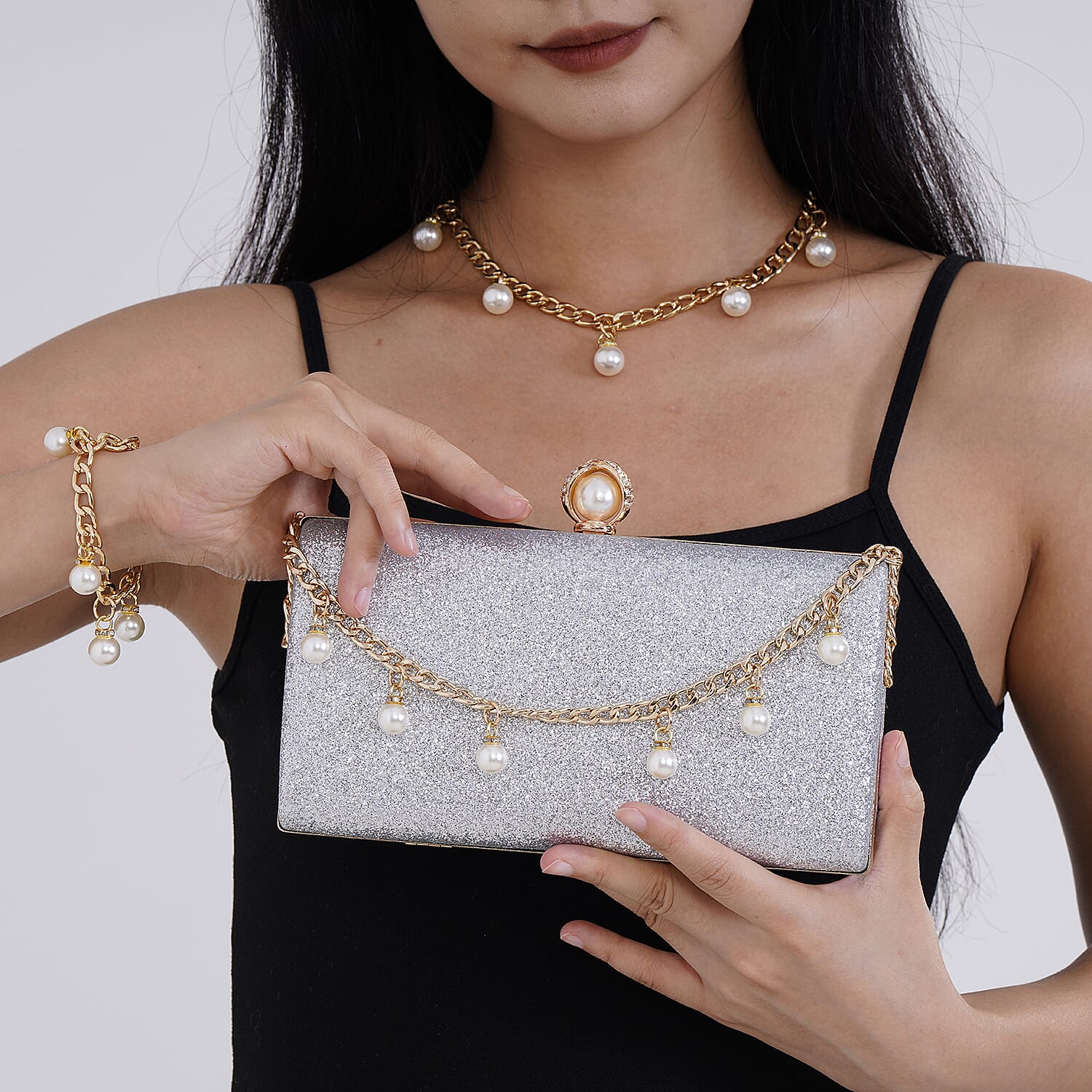 Sequin Clutch Bag with Necklace &amp; Bracelet (Size 22x12x4 cm) - Silver 7863026 11