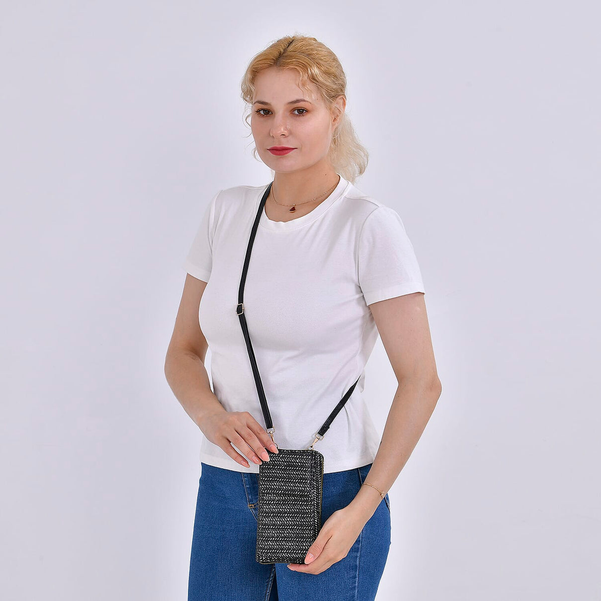 Leatherette Crossbody Cellphone Bag with Long Strap - Black 7748415 1