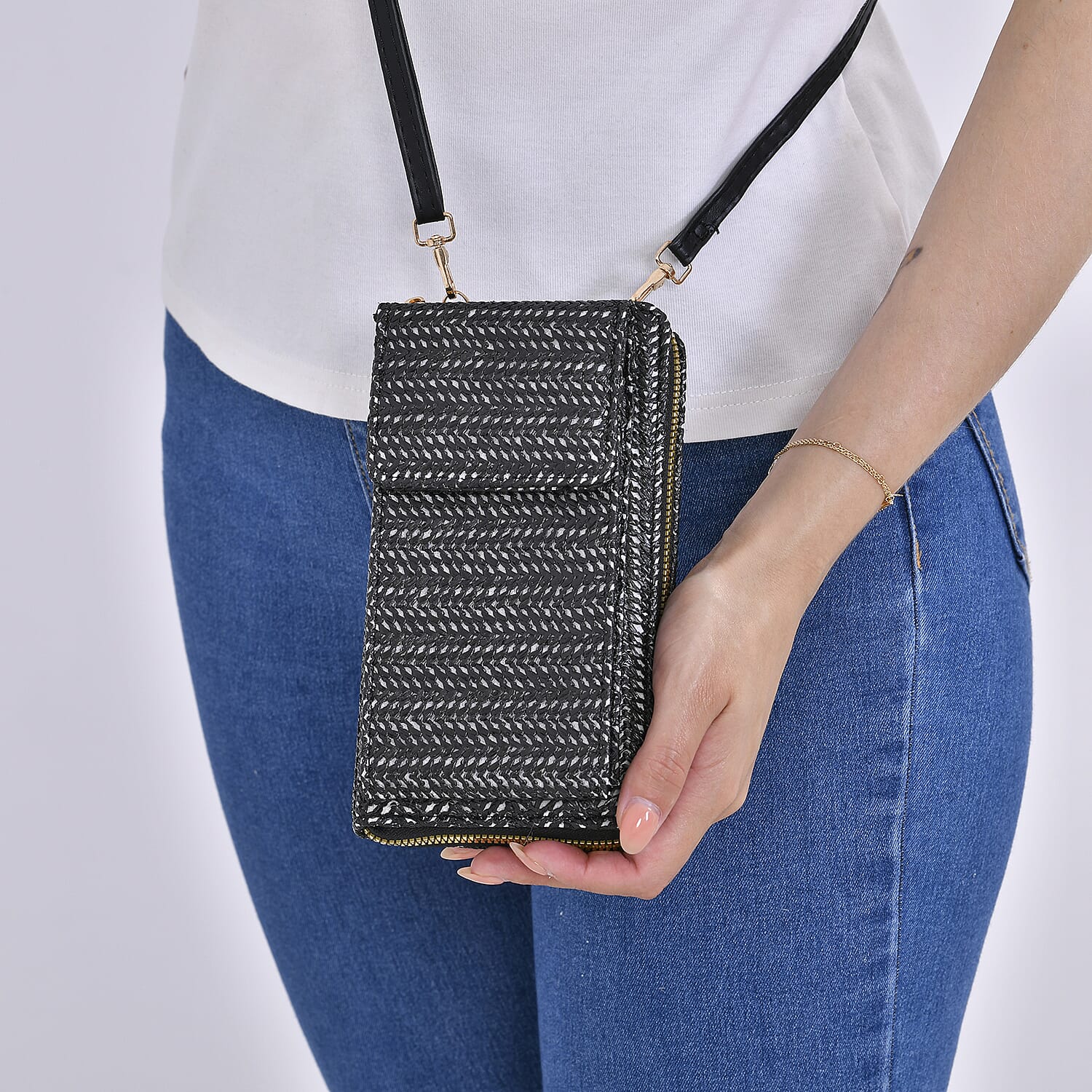 Leatherette Crossbody Cellphone Bag with Long Strap - Black 7748415 2