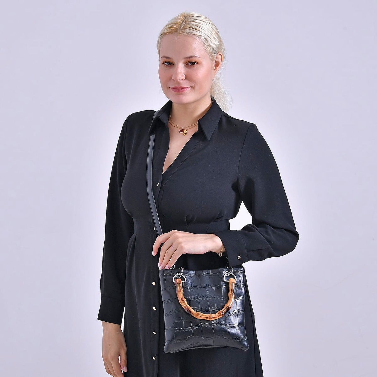 Leatherette Croc Pattern Crossbody Bag with Handle Drop V32576066 2