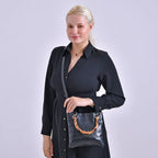 Croc Pattern Crossbody Bag with Handle Drop - Black