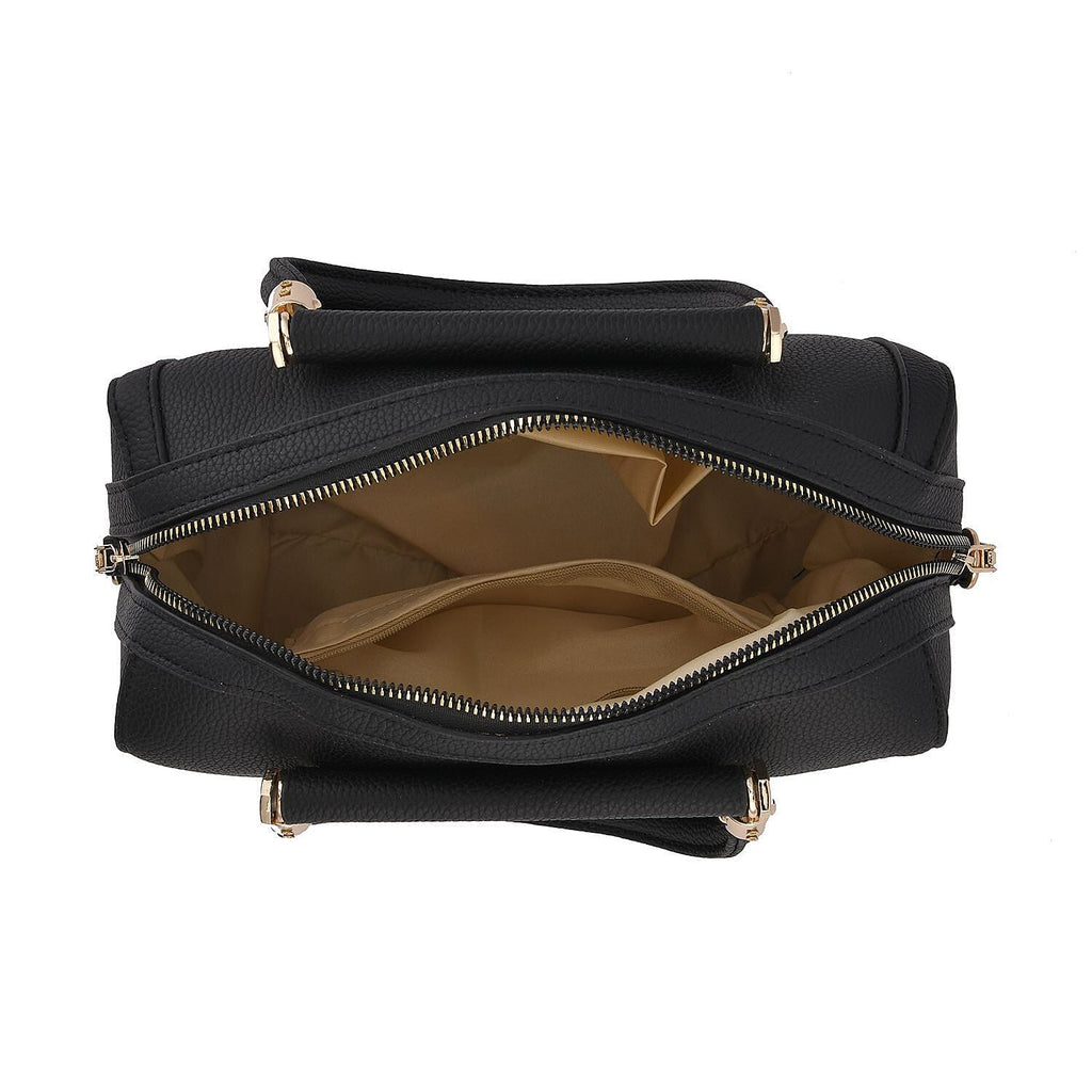 Closeout Deal- Designer Inspired Striped Bowler Bag with Crossbody Strap & Charm (Size 29x21x14 cm) - Black
