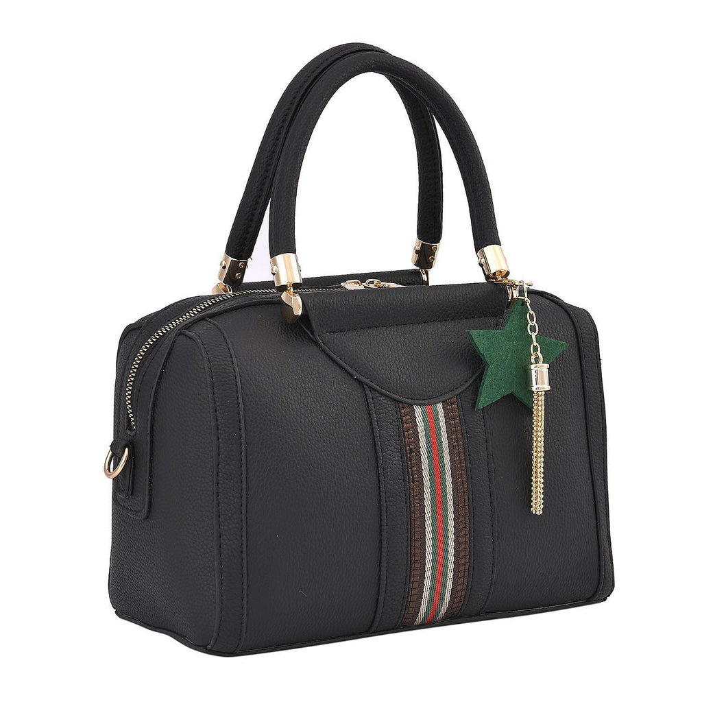 Closeout Deal- Designer Inspired Striped Bowler Bag with Crossbody Strap & Charm (Size 29x21x14 cm) - Black