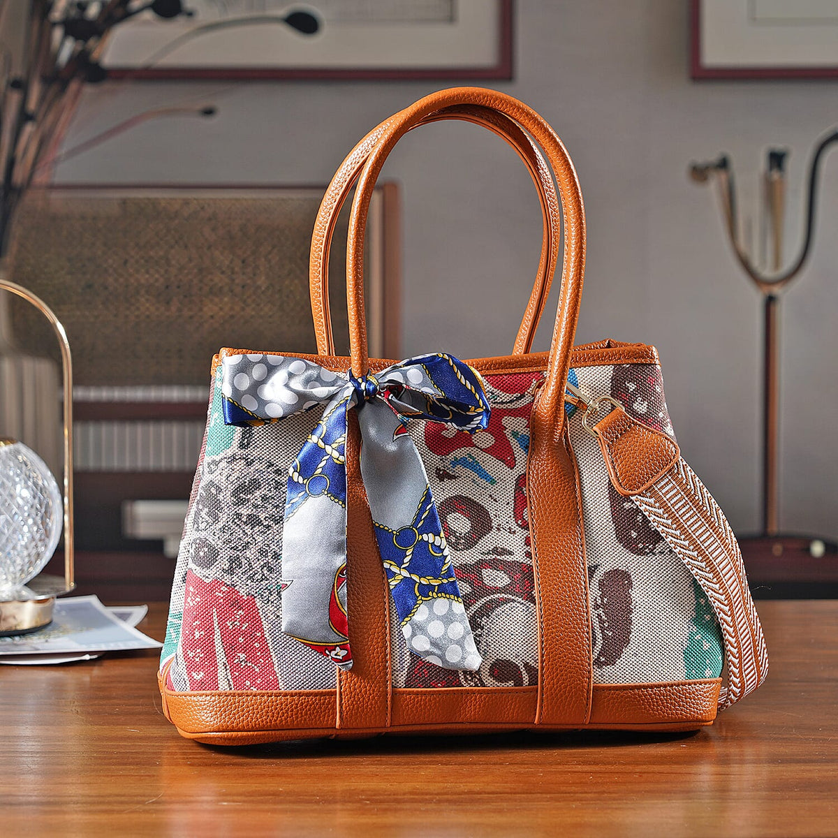 PU Patterned Crossbody Bag (Size 30x21x13 cm) - Blue &amp; Beige V32646593 2