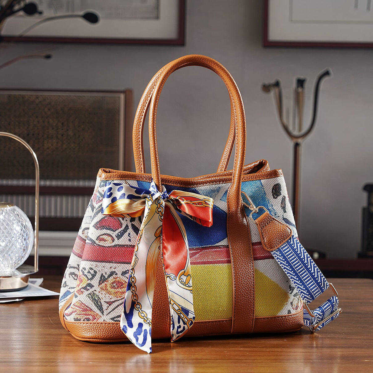 Trendy Graffiti Tote Bag with Mini Pouch - Yellow - Brown 8133032 2