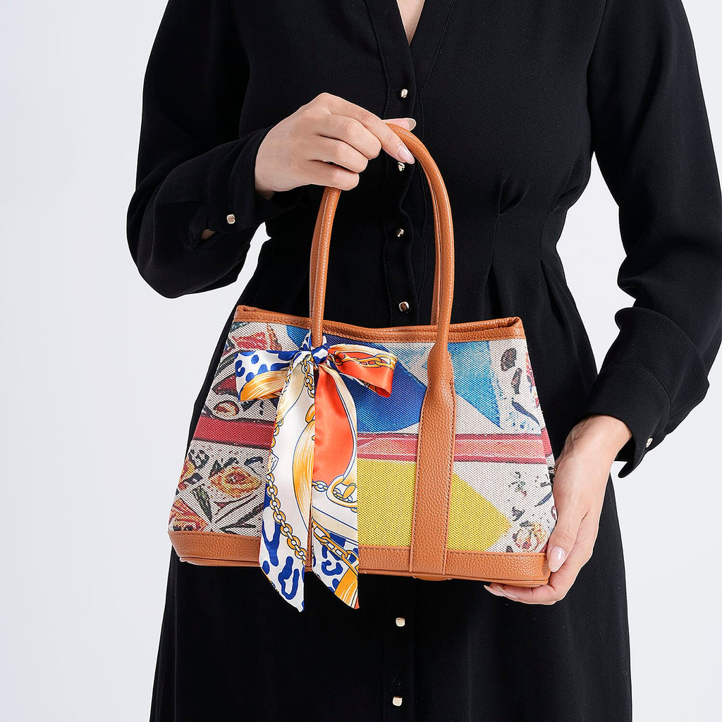 Trendy Graffiti Tote Bag with Mini Pouch - Yellow - Brown