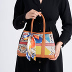 Trendy Graffiti Tote Bag with Mini Pouch - Yellow - Brown