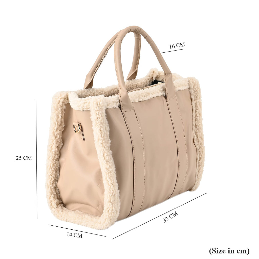 Leatherette Crossbody Bag with Exterior Zipped Pocket & Shoulder Strap - Apricot & White