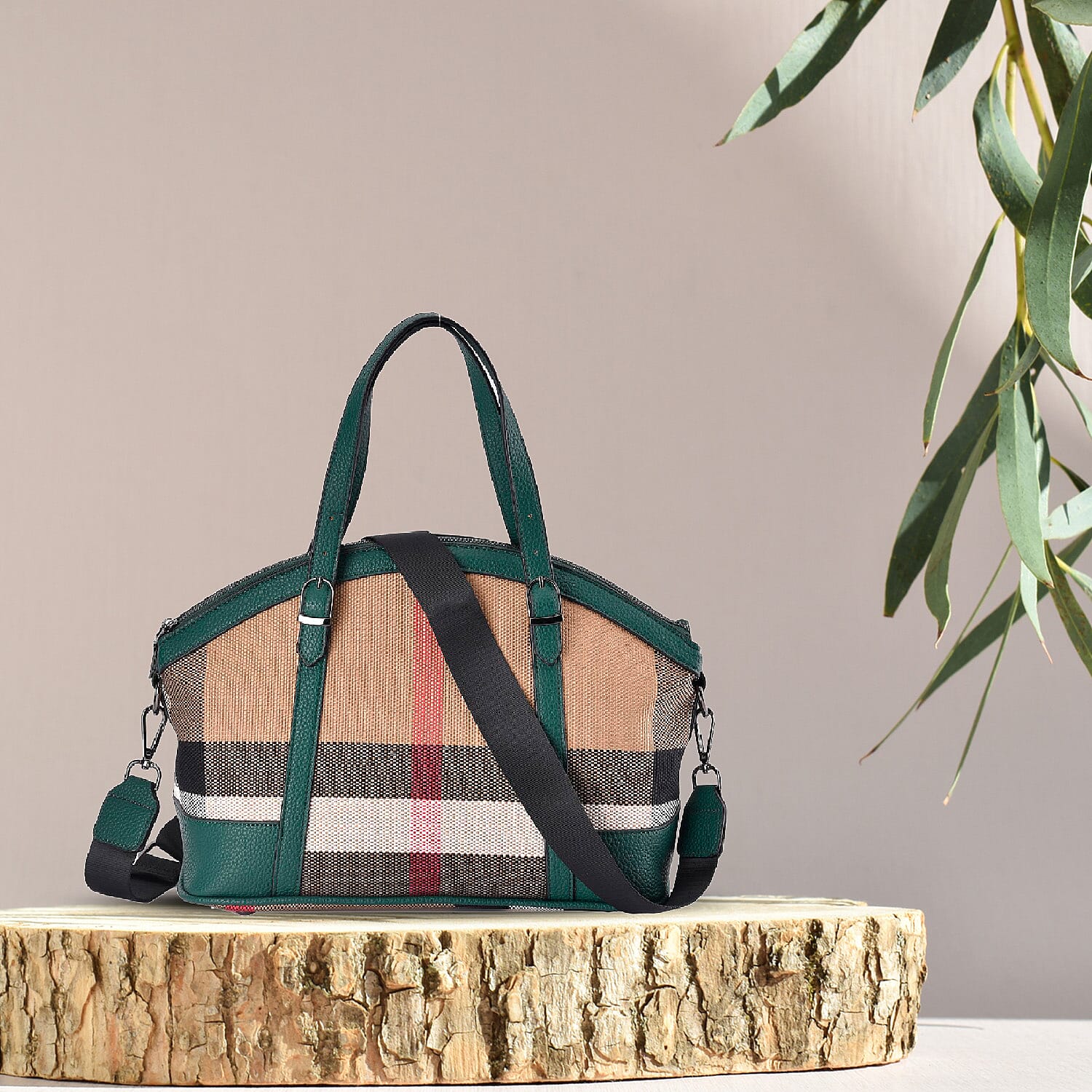 Plaid Pattern Medium Tote Bag with Detachable Shoulder Strap - Green 7550430 1