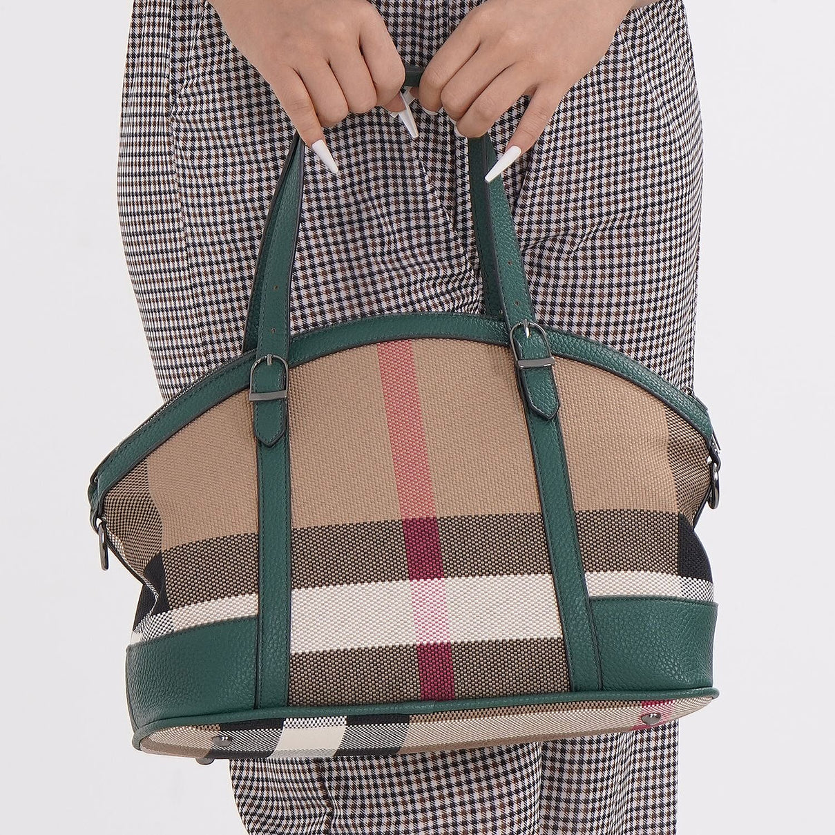 Plaid Pattern Medium Tote Bag with Detachable Shoulder Strap - Green 7550430 2